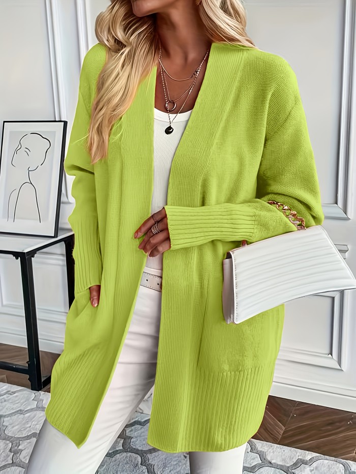 Solid Open Front Knit Cardigan, Casual Long Sleeve Loose Sweater With Pocket, Women's Clothing