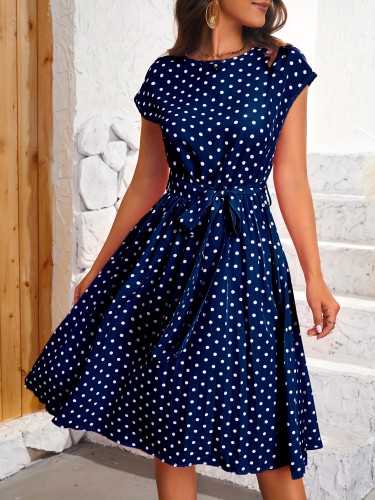 Polka Dot Pleated Dress, Short Sleeve Casual Dress For Spring & Summer, Women's Clothing