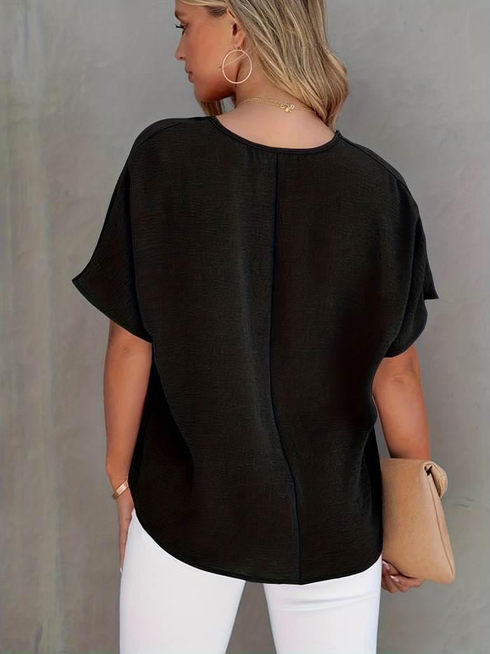 Solid Versatile Blouse, Casual V Neck Short Sleeve Blouse, Women's Clothing
