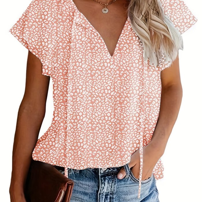 V Neck Flutter Sleeve Blouse, Loose Casual Top For Summer & Spring, Women's Clothing