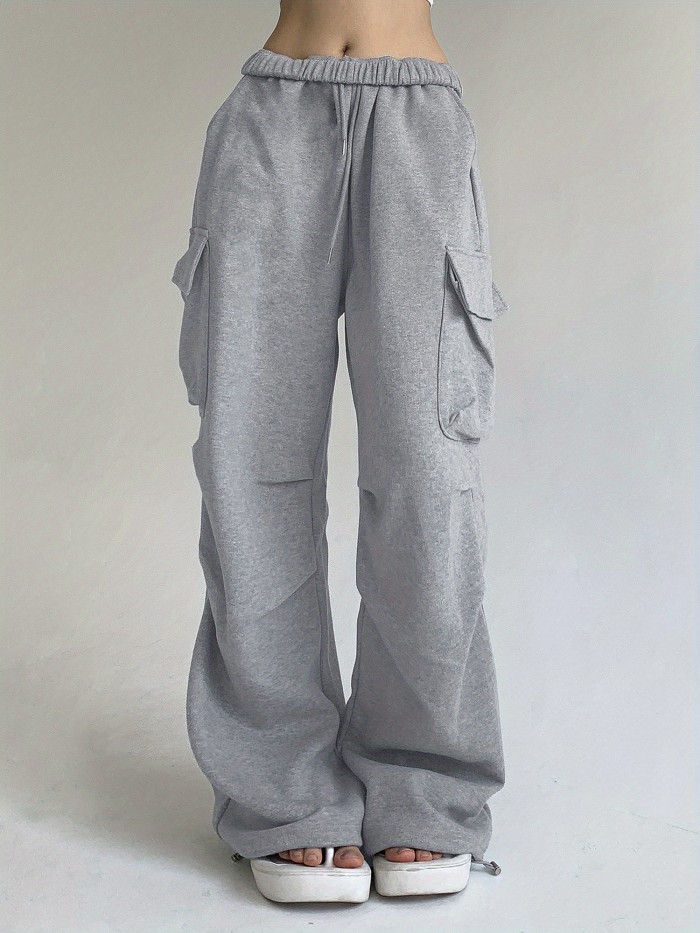 Flap Pockets Drawstring Loose Pants, Casual Solid Color Pants For Spring & Fall, Women's Clothing