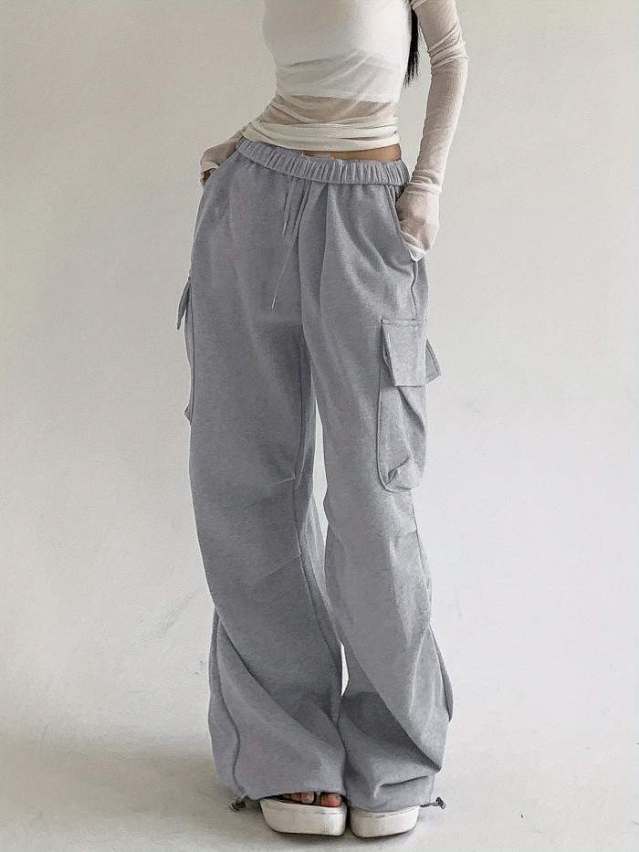 Flap Pockets Drawstring Loose Pants, Casual Solid Color Pants For Spring & Fall, Women's Clothing
