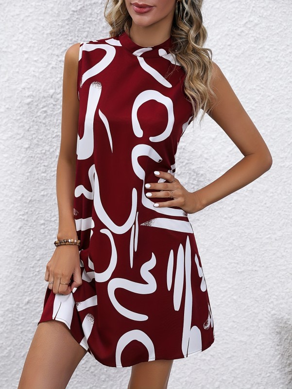 Brush Print Mock Neck Dress, Sleeveless Dress For Spring & Summer, Women's Clothing For Elegant Dressing