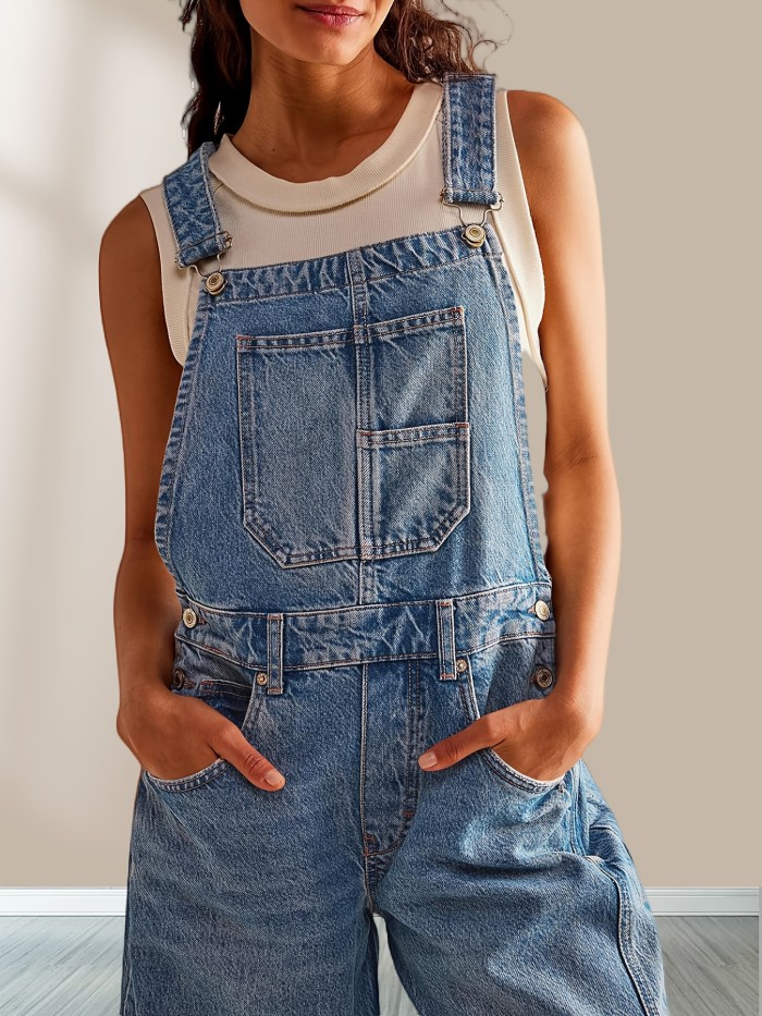 Solid Adjustable Strap Overall Jumpsuit, Casual With Pockets Sleeveless Overall Jumpsuit For Spring & Summer, Women's Clothing