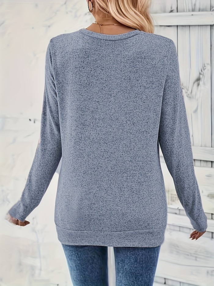 Button Decor Ruched T-Shirt, Casual Long Sleeve Top For Spring & Fall, Women's Clothing