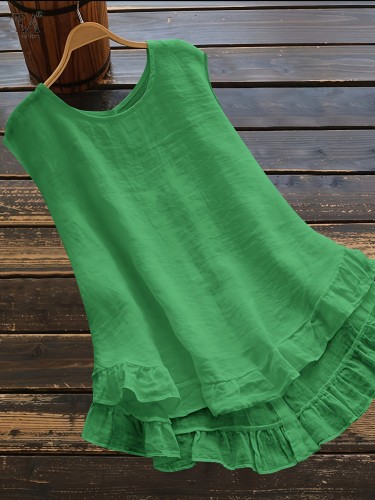 Solid Color Button Back Blouse, Elegant Crew Neck Ruffle Trim Sleeveless Blouse, Women's Clothing
