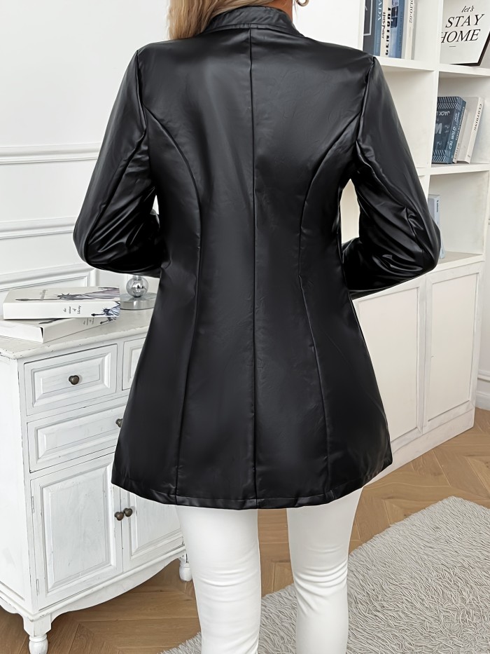 PU Leather Zip Up Bomber Jacket, Street Style Long Sleeve Motorcycle Jacket For Spring & Fall, Women's Clothing