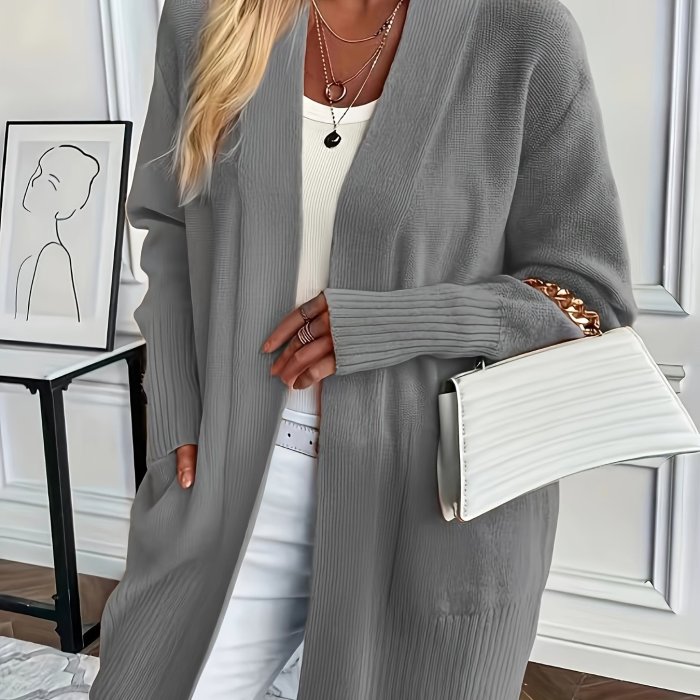 Solid Open Front Knit Cardigan, Casual Long Sleeve Loose Sweater With Pocket, Women's Clothing