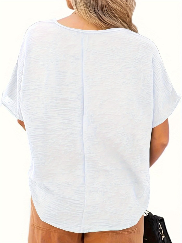 Solid Versatile Blouse, Casual V Neck Short Sleeve Blouse, Women's Clothing