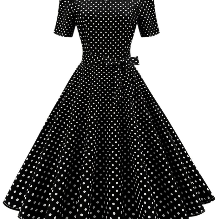 Polka Dot Bow Front Dress, Vintage Elegant Square Neck Short Sleeve Dress, Women's Clothing