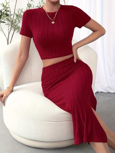 Elegant Ribbed Skirt Set, Short Sleeve Crew Neck Crop Top & Split Bodycon Skirt Outfits, Women's Clothing