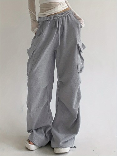 Flap Pockets Drawstring Loose Pants, Casual Solid Color Pants For Spring & Fall, Women's Clothing