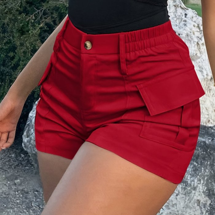 Flap Pocket High Waist Cargo Shorts, Vacation Fashion Shorts For Spring & Summer, Women's Clothing