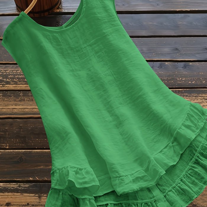 Solid Color Button Back Blouse, Elegant Crew Neck Ruffle Trim Sleeveless Blouse, Women's Clothing