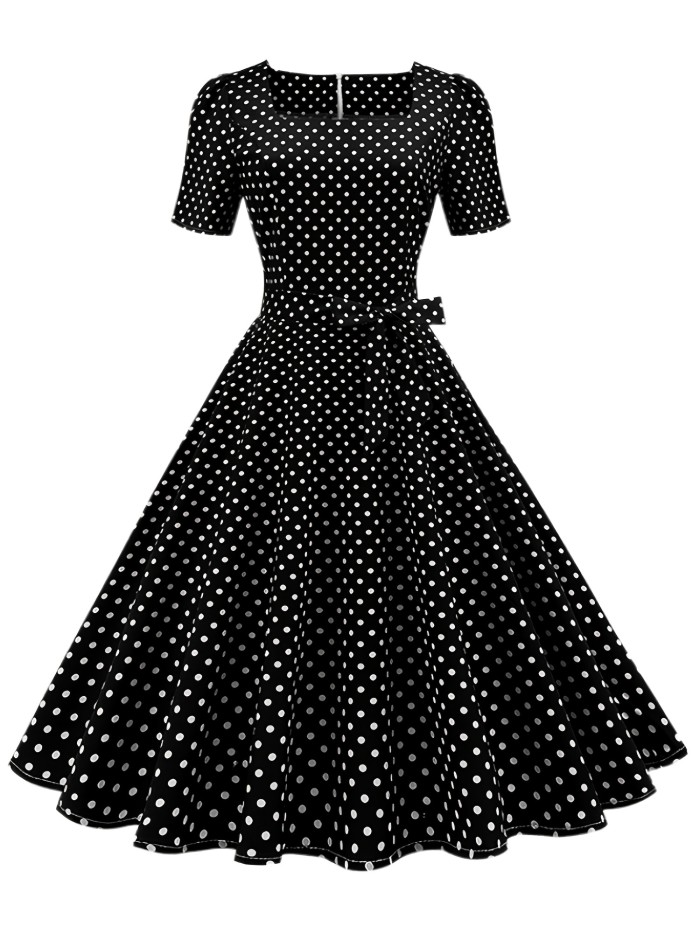 Polka Dot Bow Front Dress, Vintage Elegant Square Neck Short Sleeve Dress, Women's Clothing