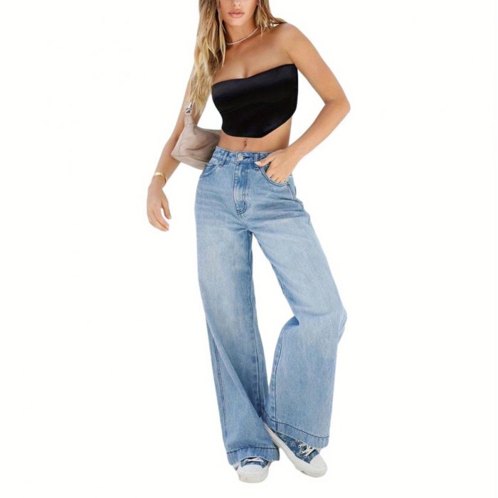 Womens High-Waist Wide-Leg Denim Jeans - Soft Slight Stretch Fabric, Breathable and Comfortable, Casual Loose Fit with Functional Pockets - Machine Washable, Perfect for Summer and Spring Fashion