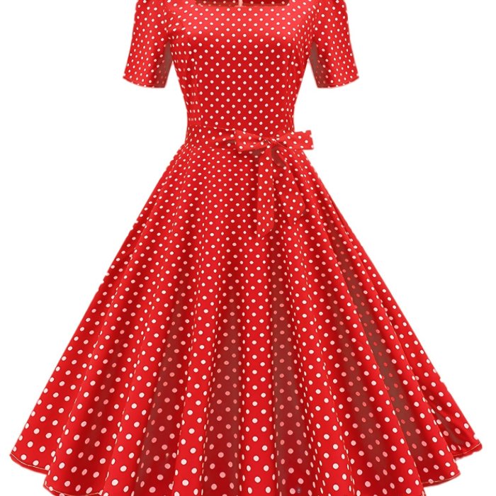 Polka Dot Bow Front Dress, Vintage Elegant Square Neck Short Sleeve Dress, Women's Clothing