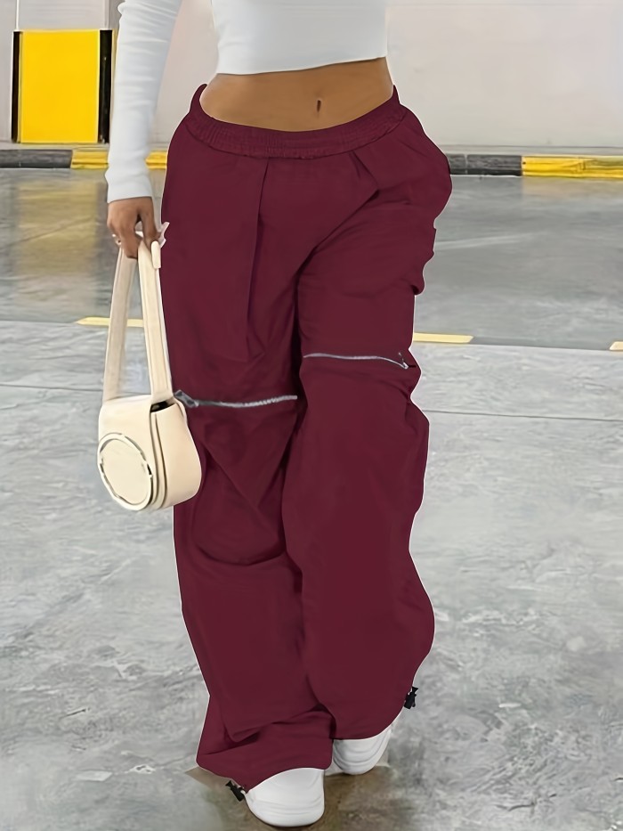 Plus Size Casual Solid Pants, Women's Plus Elastic High Rise Medium Stretch Wide Leg Cargo Trousers With Pockets