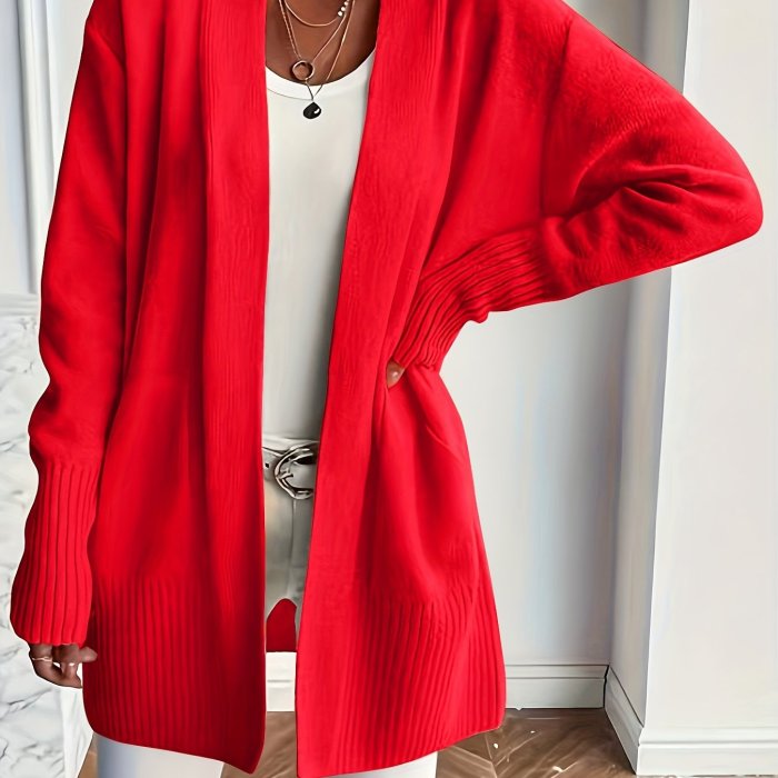 Solid Open Front Knit Cardigan, Casual Long Sleeve Loose Sweater With Pocket, Women's Clothing