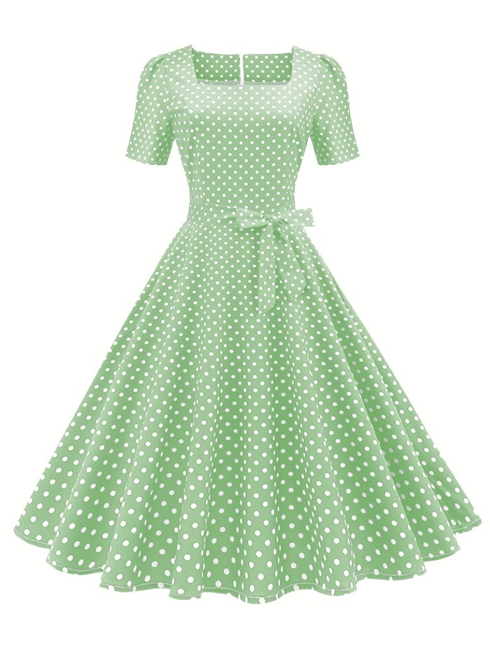 Polka Dot Bow Front Dress, Vintage Elegant Square Neck Short Sleeve Dress, Women's Clothing