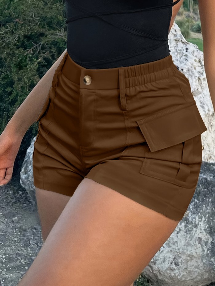 Flap Pocket High Waist Cargo Shorts, Vacation Fashion Shorts For Spring & Summer, Women's Clothing