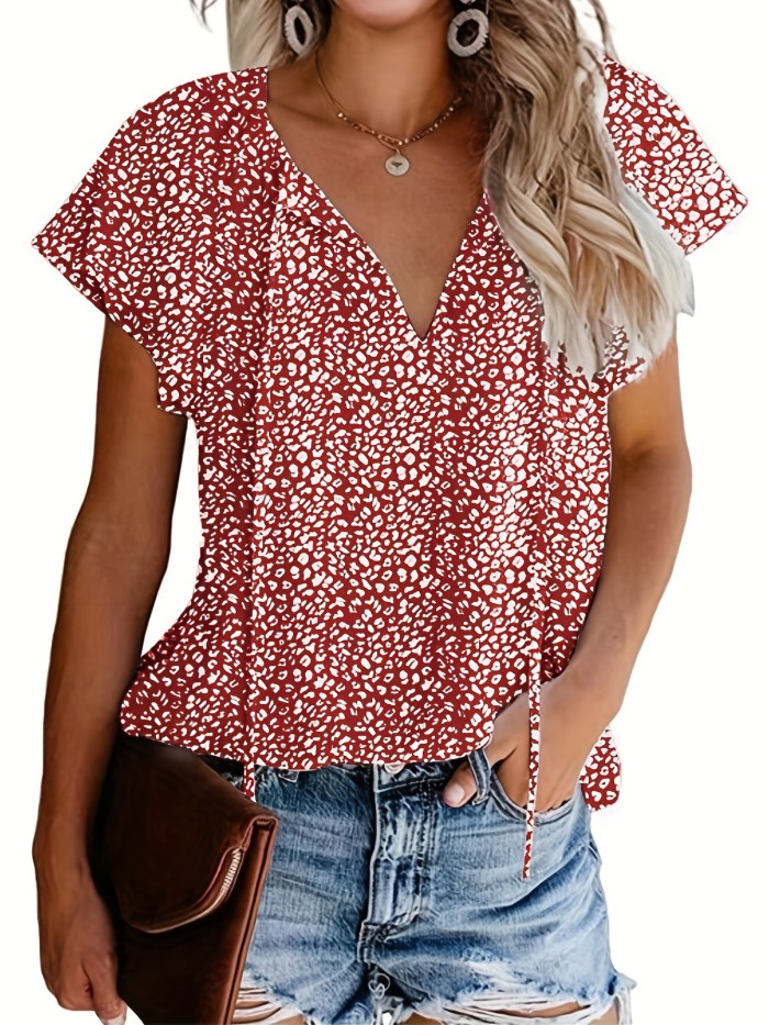 V Neck Flutter Sleeve Blouse, Loose Casual Top For Summer & Spring, Women's Clothing