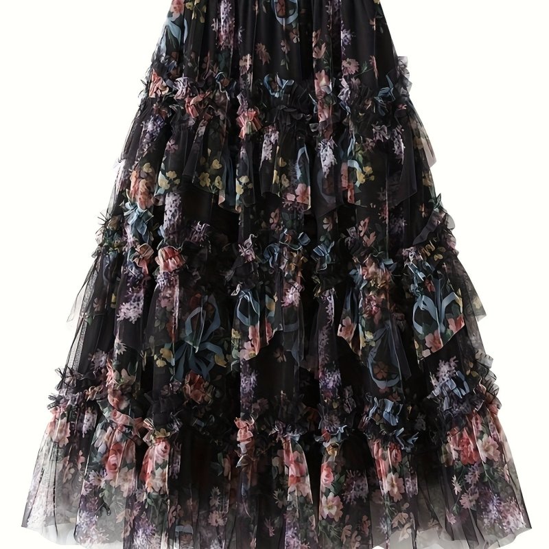 Floral Print Elastic Waist Skirt, Casual A-line Tiered Skirt For Spring & Summer, Women's Clothing
