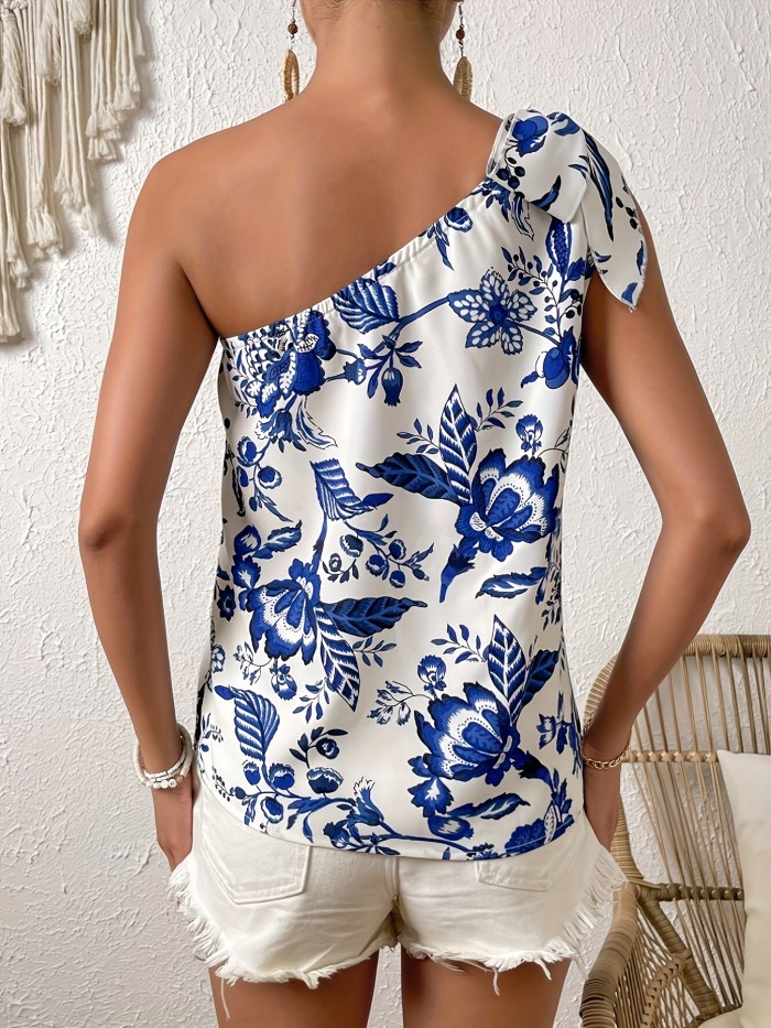 Vibrant Floral Print One Shoulder Blouse - Chic Sleeveless Top for Spring & Summer - Womens Casual Clothing for Warm Weather, Everyday Wear, and Outdoor Activities