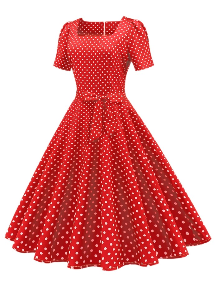 Polka Dot Bow Front Dress, Vintage Elegant Square Neck Short Sleeve Dress, Women's Clothing