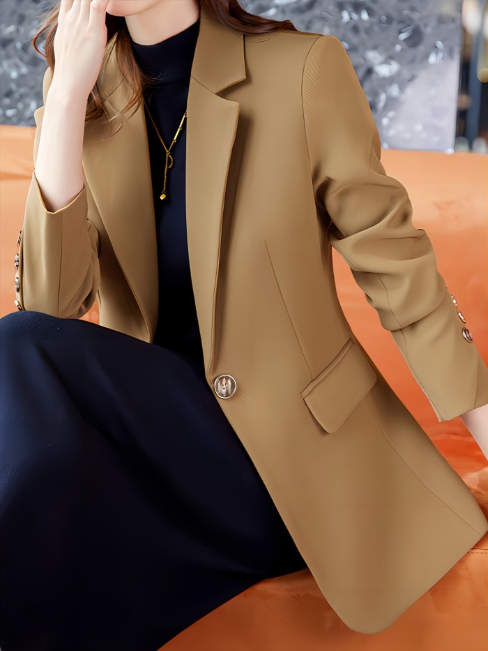 Notched Collar Button Front Blazer, Elegant Long Sleeve Blazer For Office & Work, Women's Clothing