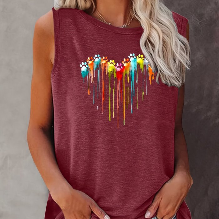Colorful Paw Print Crew Neck Tank Top, Casual Sleeveless Top For Summer, Women's Clothing