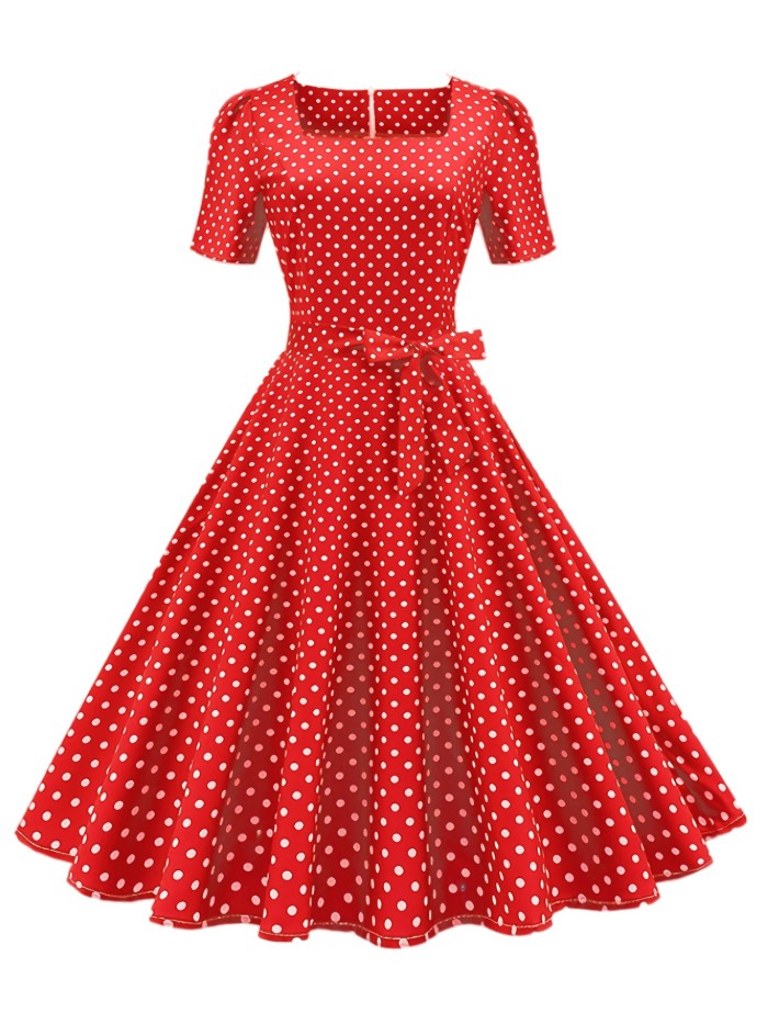 Polka Dot Bow Front Dress, Vintage Elegant Square Neck Short Sleeve Dress, Women's Clothing