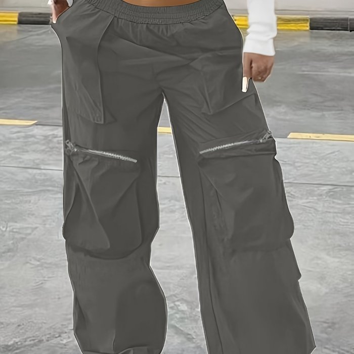 Plus Size Casual Solid Pants, Women's Plus Elastic High Rise Medium Stretch Wide Leg Cargo Trousers With Pockets