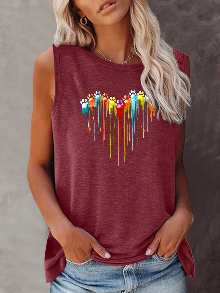 Colorful Paw Print Crew Neck Tank Top, Casual Sleeveless Top For Summer, Women's Clothing
