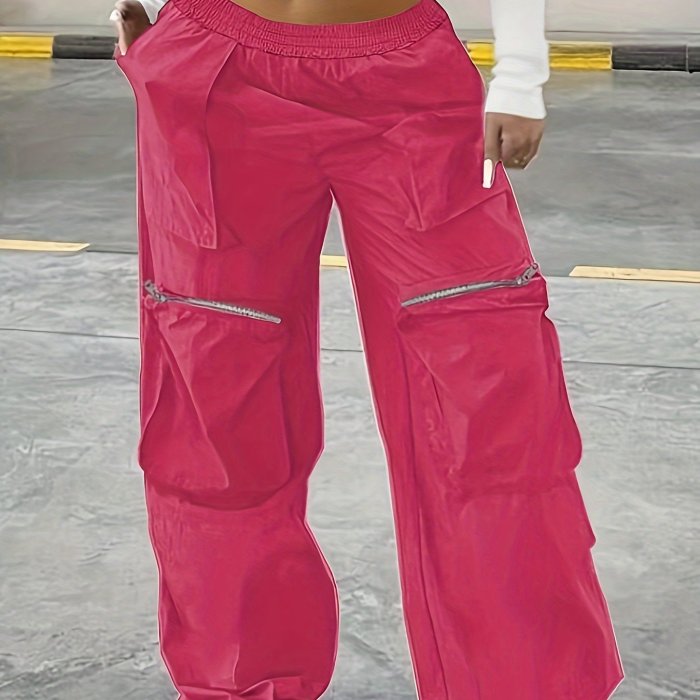Plus Size Casual Solid Pants, Women's Plus Elastic High Rise Medium Stretch Wide Leg Cargo Trousers With Pockets