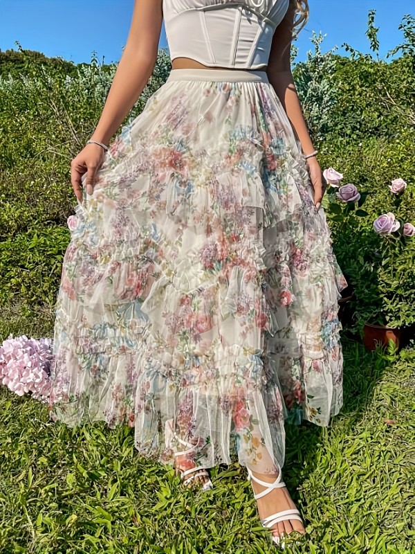 Floral Print Elastic Waist Skirt, Casual A-line Tiered Skirt For Spring & Summer, Women's Clothing