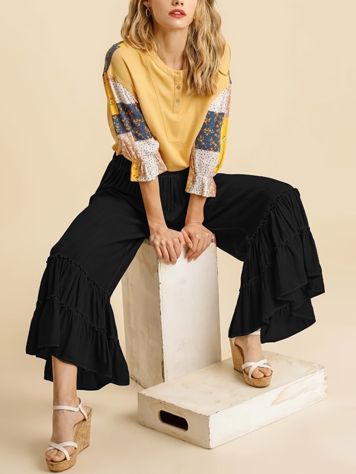 Bell Bottom Flare Leg Pants, Casual Elastic Loose Beach Pants, Women's Clothing