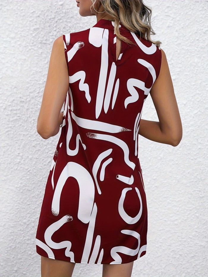 Brush Print Mock Neck Dress, Sleeveless Dress For Spring & Summer, Women's Clothing For Elegant Dressing