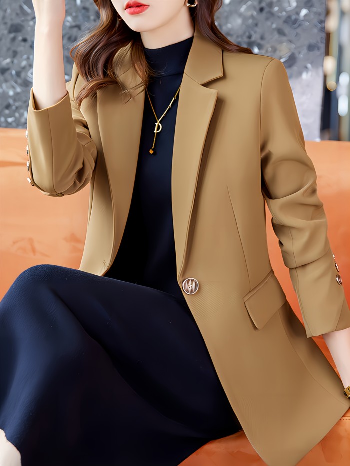 Notched Collar Button Front Blazer, Elegant Long Sleeve Blazer For Office & Work, Women's Clothing