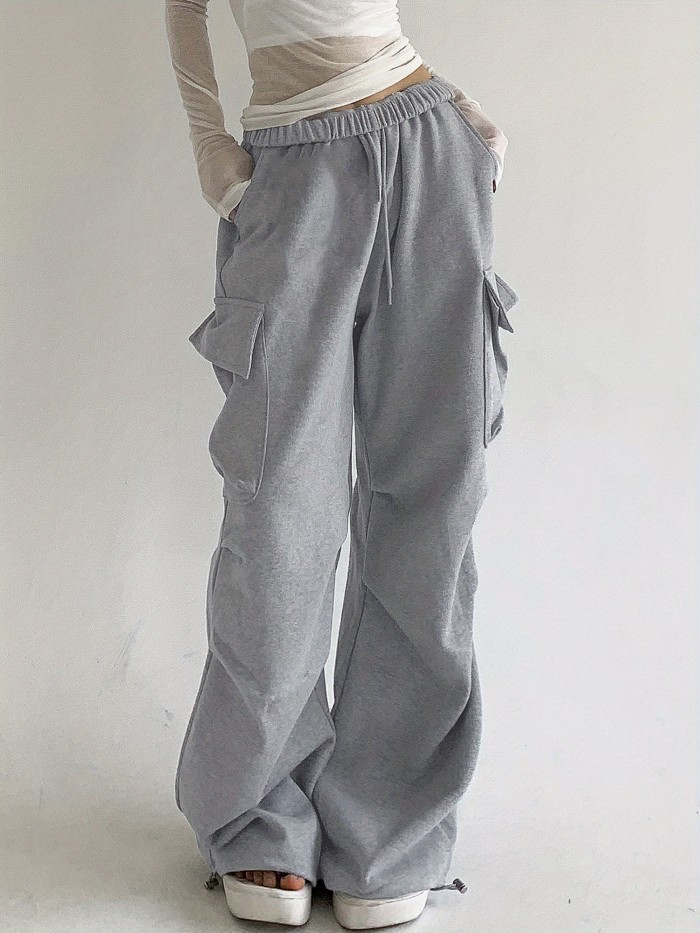 Flap Pockets Drawstring Loose Pants, Casual Solid Color Pants For Spring & Fall, Women's Clothing