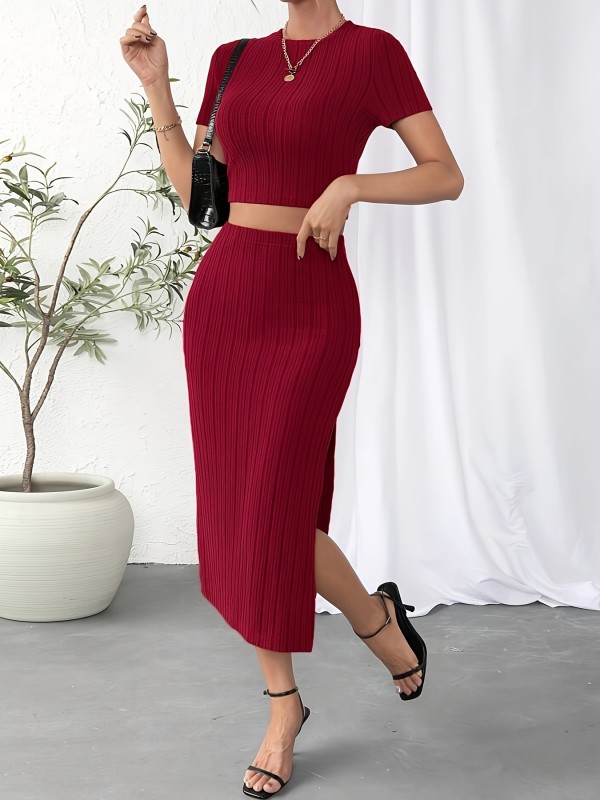 Elegant Ribbed Skirt Set, Short Sleeve Crew Neck Crop Top & Split Bodycon Skirt Outfits, Women's Clothing