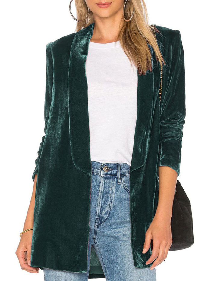 Women Casual Pleuche Blazer, Adults Open Front Solid Color Long Sleeve Lapel Suit Jacket
