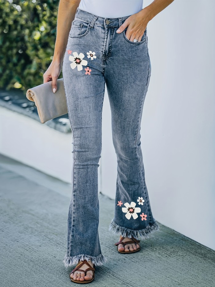 Customized Elegant Womens High-Waisted Flare Jeans - Medium Stretch, Large Floral Print, Frayed Hem, Button Fly, Machine Washable Denim Pants for Spring\u002FFall - Casual Outfit for Women