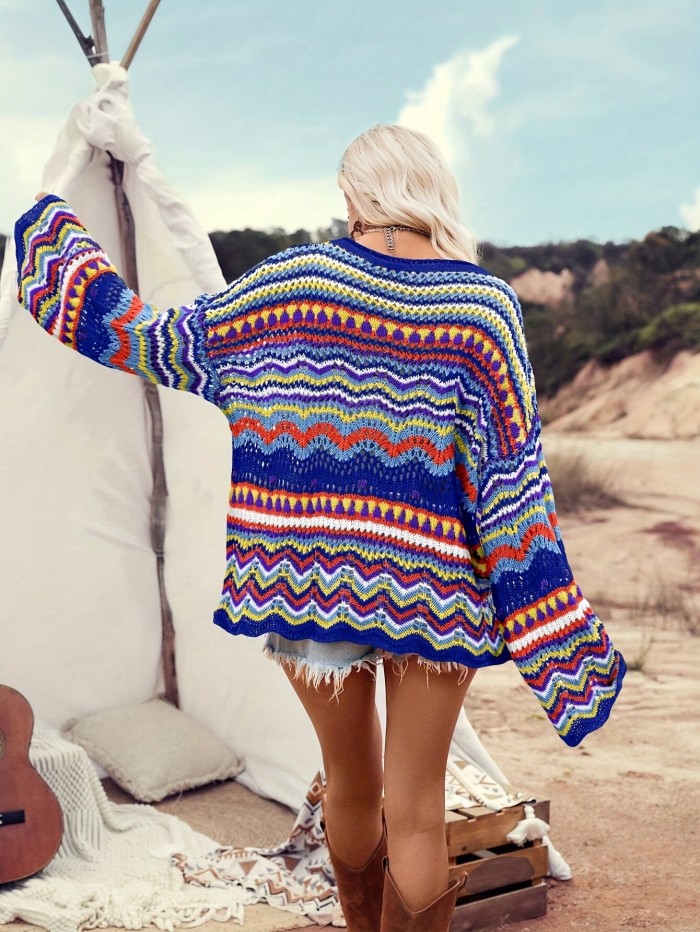 Hollow Out Loose Crew Neck Sweater, Casual Long Sleeve Colorblock Sweater, Women's Clothing