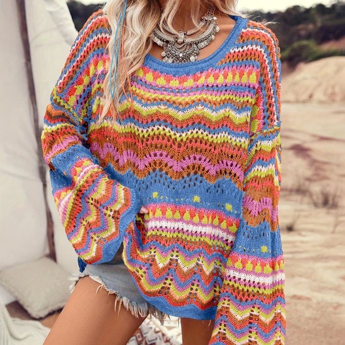 Hollow Out Loose Crew Neck Sweater, Casual Long Sleeve Colorblock Sweater, Women's Clothing