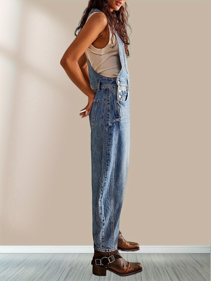 Solid Adjustable Strap Overall Jumpsuit, Casual With Pockets Sleeveless Overall Jumpsuit For Spring & Summer, Women's Clothing