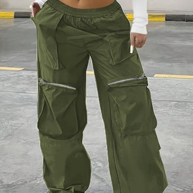 Plus Size Casual Solid Pants, Women's Plus Elastic High Rise Medium Stretch Wide Leg Cargo Trousers With Pockets
