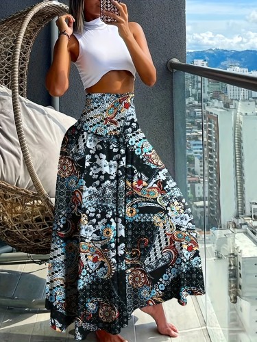 Floral Print Wide Leg Pants, Boho Shirred Waist Floor Length Pants For Spring & Summer, Women's Clothing