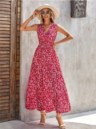 Floral Print V-neck Tank Dress, Elegant Sleeveless Shirred Waist A-line Midi Dress For Spring & Summer, Women's Clothing