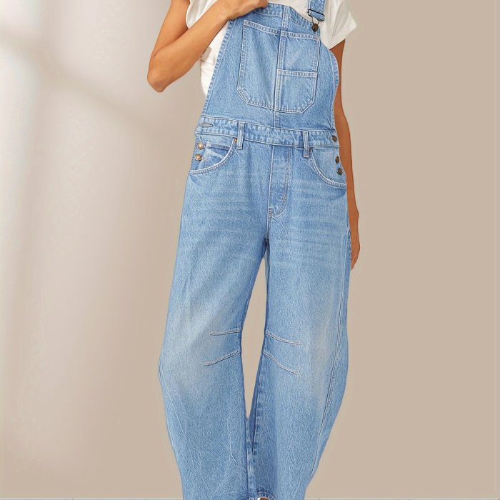 Solid Adjustable Strap Overall Jumpsuit, Casual With Pockets Sleeveless Overall Jumpsuit For Spring & Summer, Women's Clothing